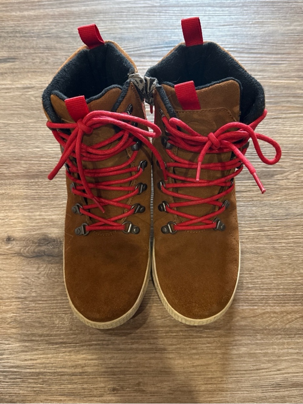 Brown Suede Lace-Up Boots with Red Laces